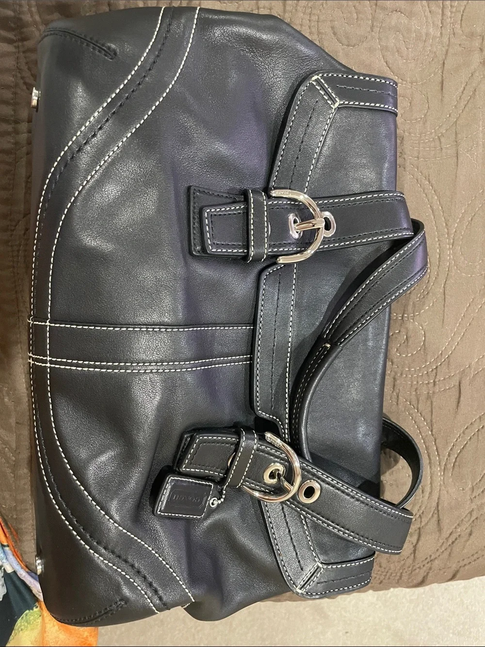 Coach Black Leather Shoulder Bag with Contrast Stitching